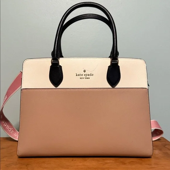 kate spade Cream and Tan Satchel with Black Handles - Picture 1 of 12